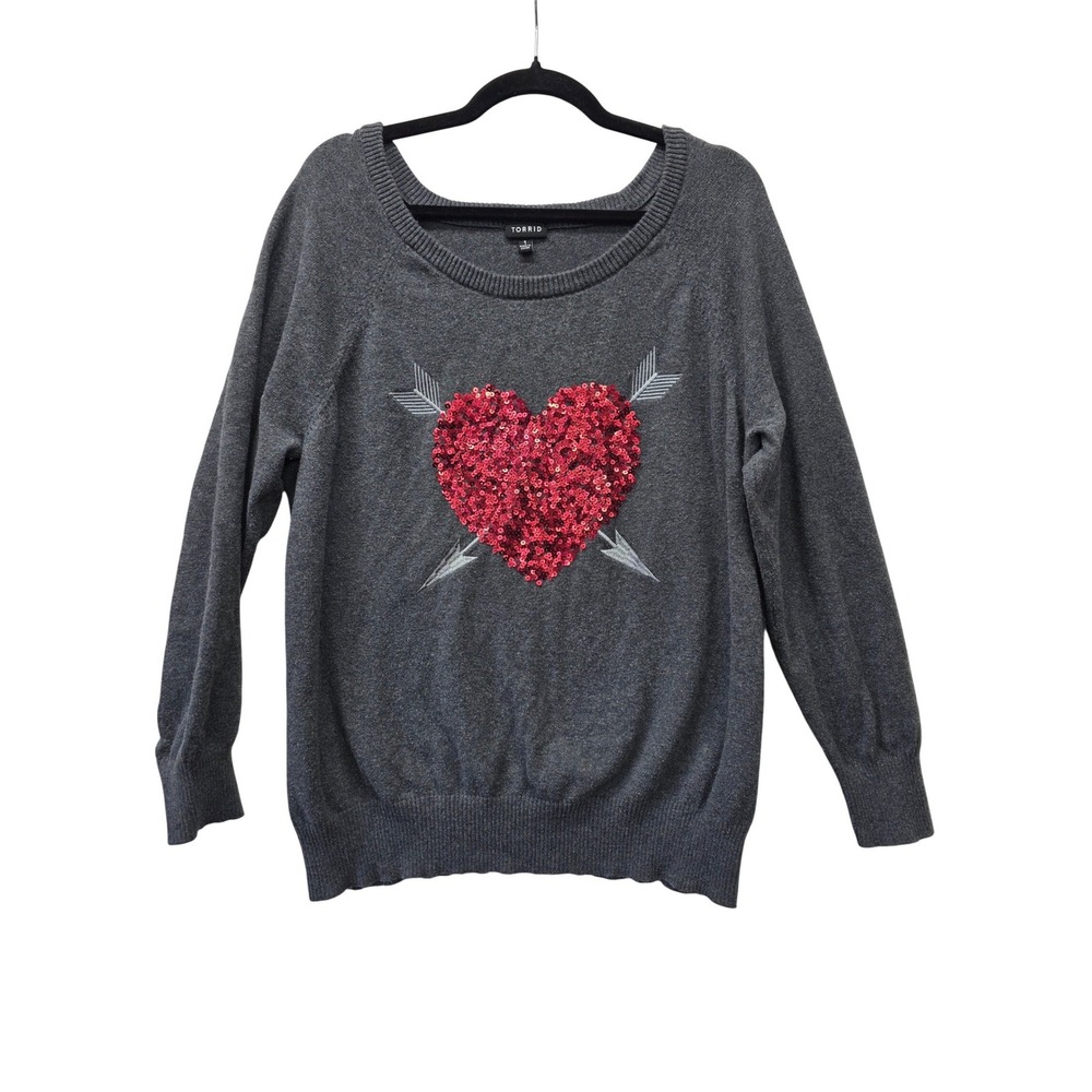 Torrid Womens Gray Sequin Heart Arrow Sweater Size 1 1X Charcoal‎ Cotton Knit